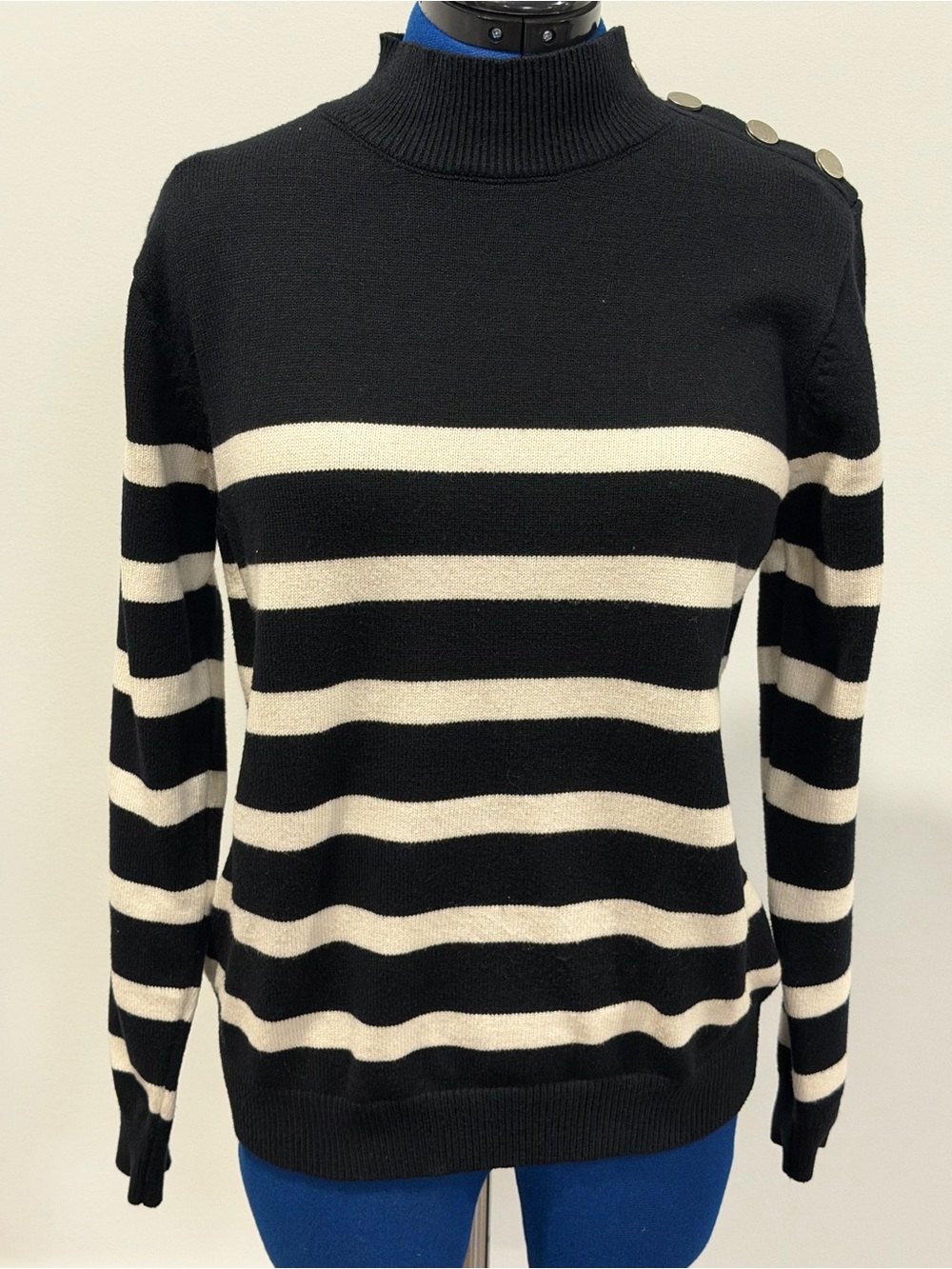 Striped Black & Cream Sweater with Shoulder Buttons
